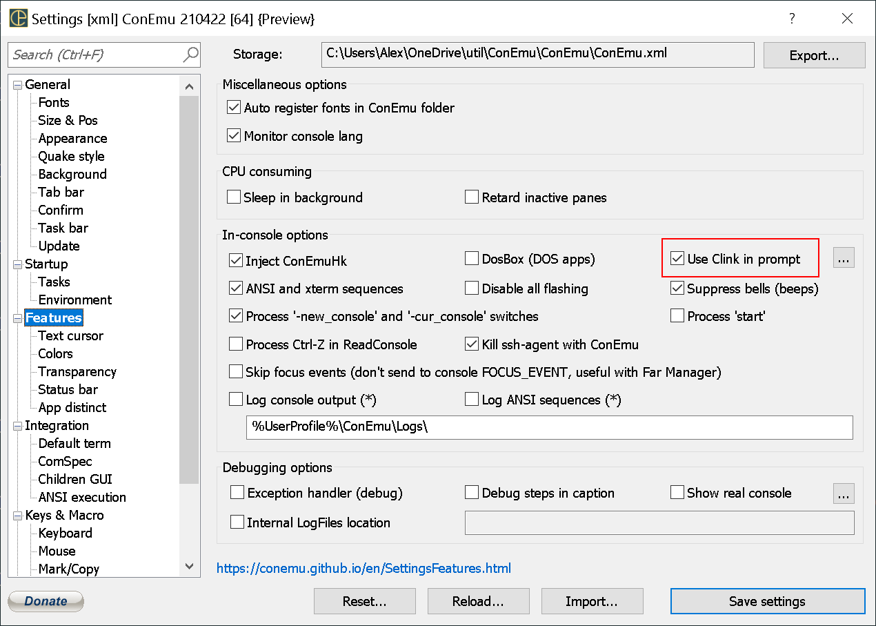 Enable "Use Clink in prompt" configuration setting